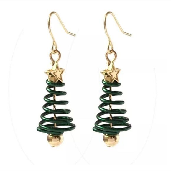 Spiral gold and green tone Christmas tree earrings with star - Picture 2 of 3